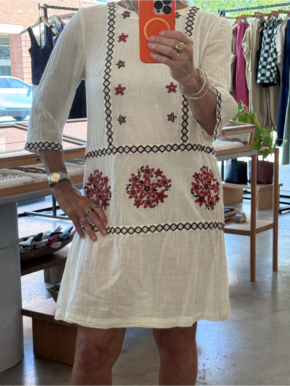 Suno Cotton Hand Embroidered 3/4 Sleeve Dress